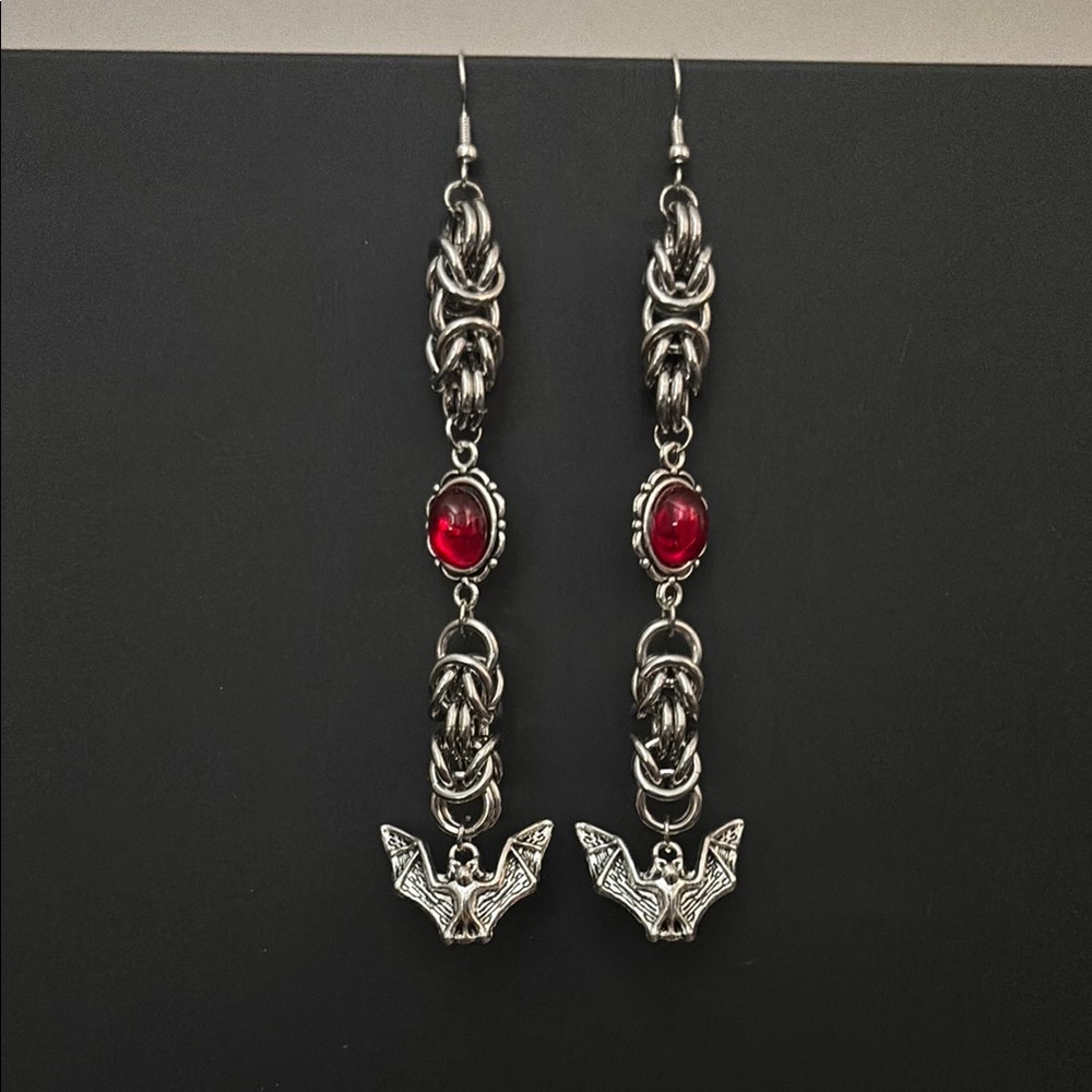 Silver and Red Bat Earrings